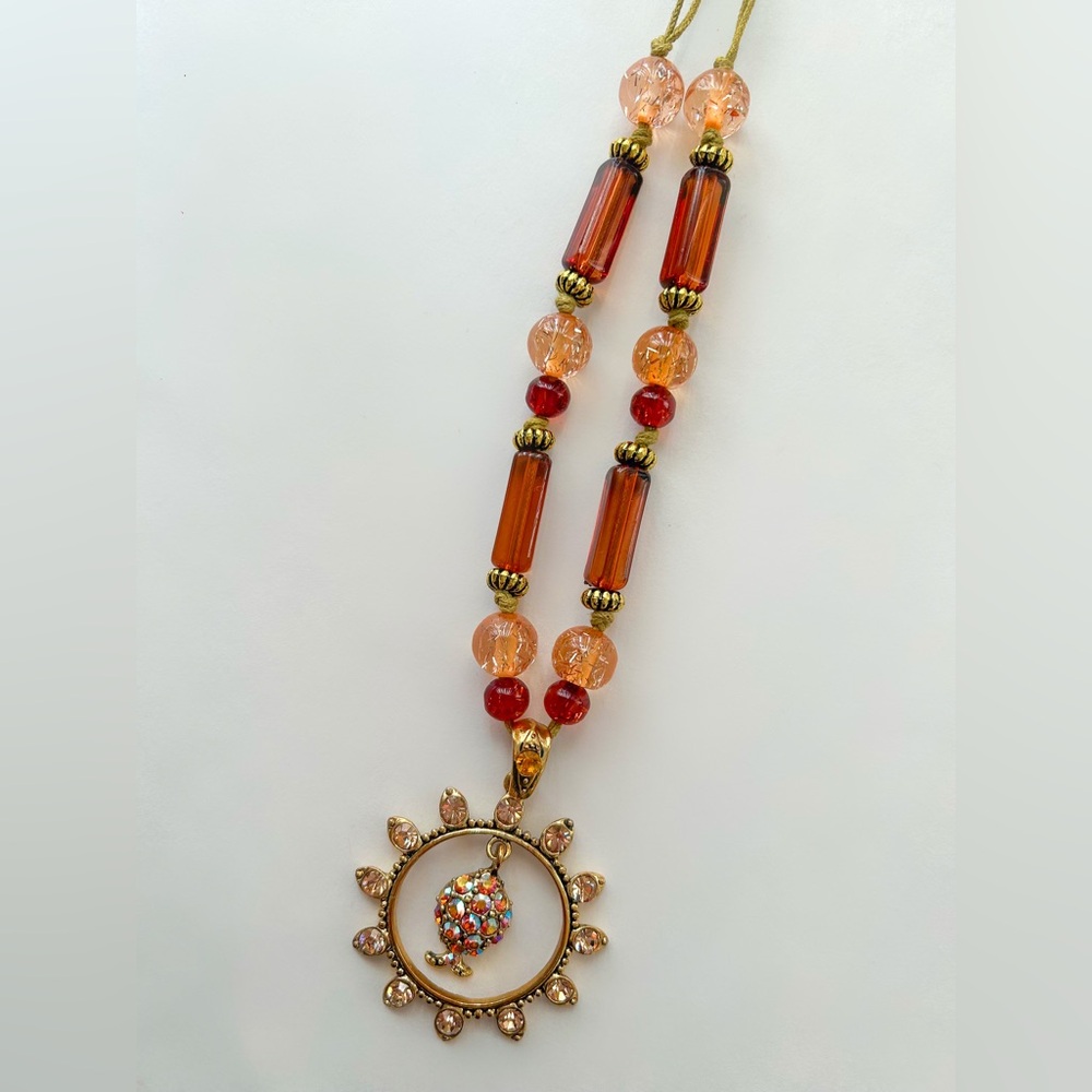 Orange & amber Beaded Necklace w rhinestone sun pendant –Boho Statement Jewelry